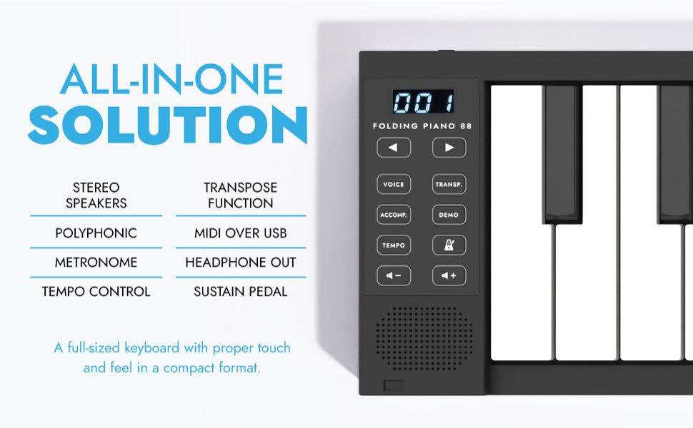 Stereo speakers, Transpose, Polyphonic, MIDI USB, Metronome, Headphone, Sustain pedal, proper touch