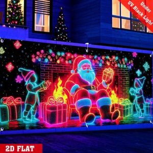 UV Activated Christmas Garage Door Cover Banner, Glows in Dark, Cartoon Santa & Elf Design, Outdoor Indoor Party Decoration