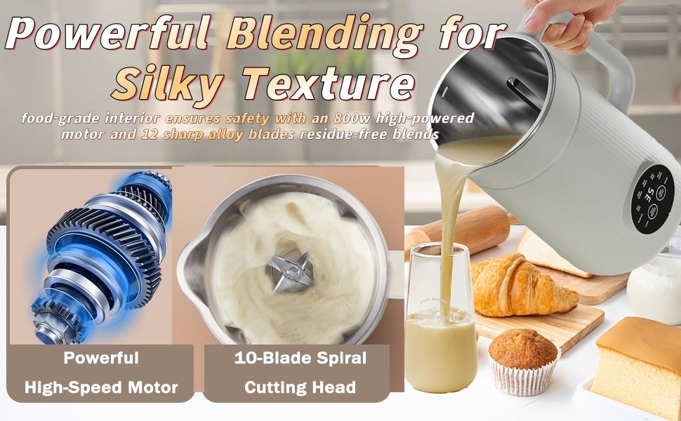 Nut milk machine equipped with an 800w high-powered motor and 12 sharp alloy blades